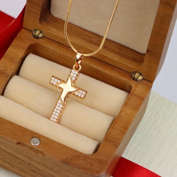 "Rose Gold Cross Pendant with Star Design and Sparkling Accents, XPPT1748 - Picture 10 of 13